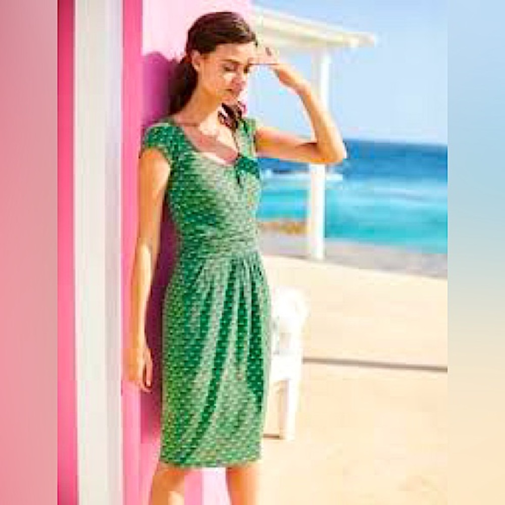 Boden Green Dot Cap-Sleeve Tie-Front Dress
